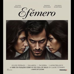 Cartel de una película que muestra un caos amoroso con un hombre rodeado de tres mujeres, todas con miradas intrigantes