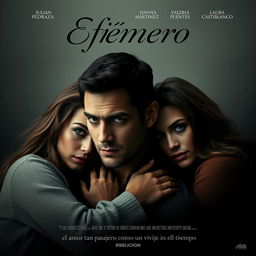 Cartel de una película que muestra un caos amoroso con un hombre rodeado de tres mujeres, todas con miradas intrigantes