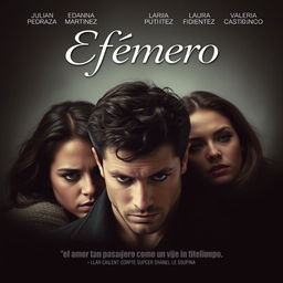 Cartel de una película que muestra un caos amoroso con un hombre rodeado de tres mujeres, todas con miradas intrigantes