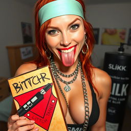 A close-up shot focusing on a sexy female redhead with a captivating smile, showcasing her large chest and cleavage while wearing a tank top adorned with punk chains