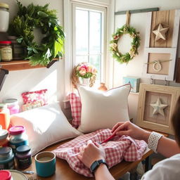 An inspiring DIY home project on a budget, featuring a charming craft area filled with materials like jars of paint, colorful fabrics, and upcycled items ready to be transformed