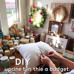 An inspiring DIY home project on a budget, featuring a charming craft area filled with materials like jars of paint, colorful fabrics, and upcycled items ready to be transformed