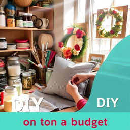 An inspiring DIY home project on a budget, featuring a charming craft area filled with materials like jars of paint, colorful fabrics, and upcycled items ready to be transformed