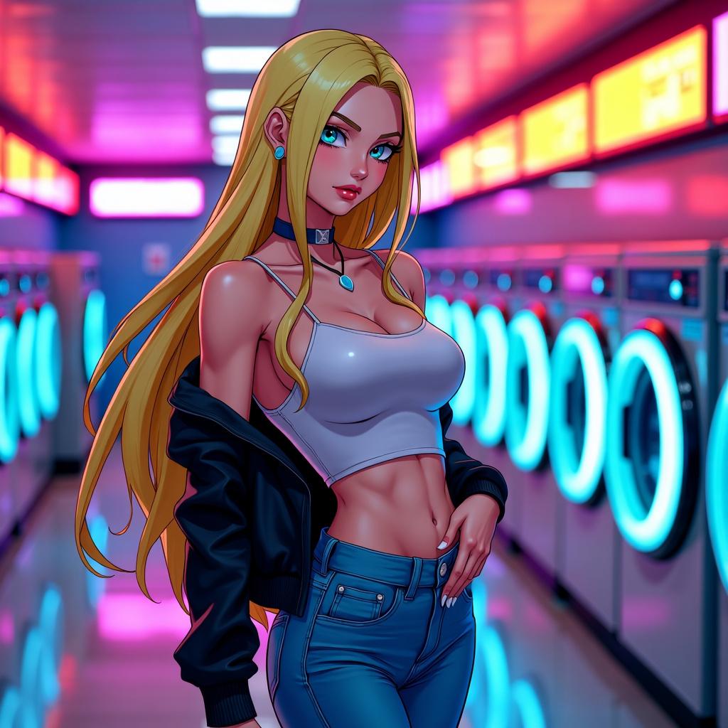 A stunning representation of Android 18 from Dragon Ball Z, depicted in a vibrant laundromat setting filled with colorful neon lights