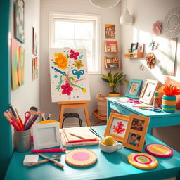 A vibrant DIY home project scene depicting a cheerful, creative workspace filled with supplies for making decorative items