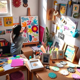 A vibrant DIY home project scene depicting a cheerful, creative workspace filled with supplies for making decorative items