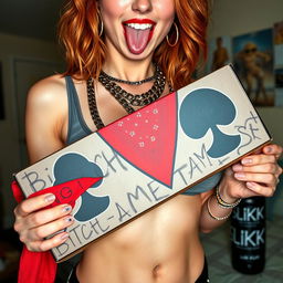 A close-up torso shot of a sexy redhead female wearing a tank top adorned with punk chains, showcasing a large chest and notable cleavage