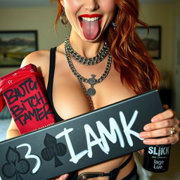 A close-up torso shot of a sexy redhead female wearing a tank top adorned with punk chains, showcasing a large chest and notable cleavage