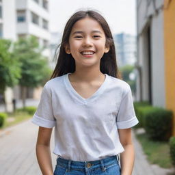 A girl in a cheerful stance, full of life and joy, adorned in casual clothes under a soft daylight.