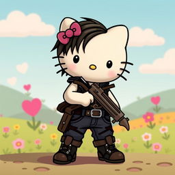 A cute and whimsical rendition of Daryl Dixon from The Walking Dead, designed in the iconic Hello Kitty style