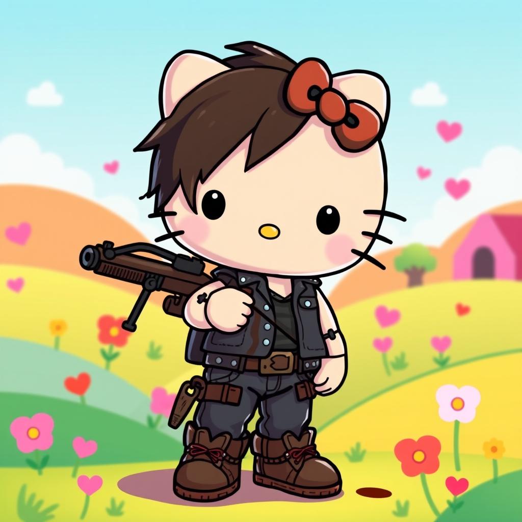 A cute and whimsical rendition of Daryl Dixon from The Walking Dead, designed in the iconic Hello Kitty style