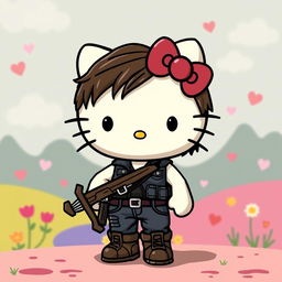 A cute and whimsical rendition of Daryl Dixon from The Walking Dead, designed in the iconic Hello Kitty style