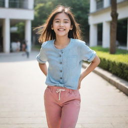 A girl in a cheerful stance, full of life and joy, adorned in casual clothes under a soft daylight.