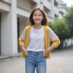 A girl in a cheerful stance, full of life and joy, adorned in casual clothes under a soft daylight.