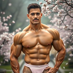 A muscular bodybuilder wearing a light pink swim g-string, showcasing his well-defined physique