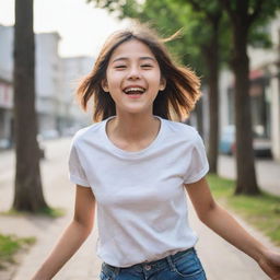 A girl in a cheerful stance, full of life and joy, adorned in casual clothes under a soft daylight.