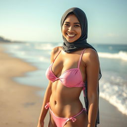 An artistic portrayal of a skinny 18-year-old Muslim woman with white skin, captured in a vibrant beach setting