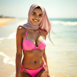 An artistic portrayal of a skinny 18-year-old Muslim woman with white skin, captured in a vibrant beach setting