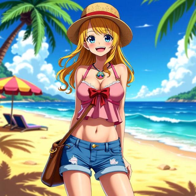 A full-body shot of Nami from One Piece, depicted in a vibrant and colorful anime style