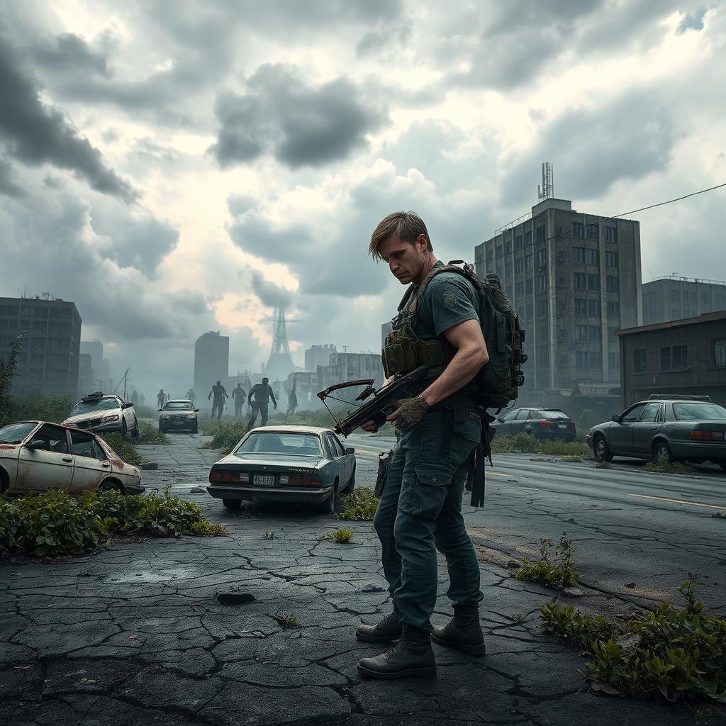 A desolate urban landscape during a zombie apocalypse, featuring abandoned cars overturned on cracked pavement, overgrown vegetation creeping through the city streets, and derelict buildings with shattered windows