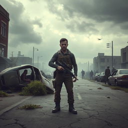 A desolate urban landscape during a zombie apocalypse, featuring abandoned cars overturned on cracked pavement, overgrown vegetation creeping through the city streets, and derelict buildings with shattered windows