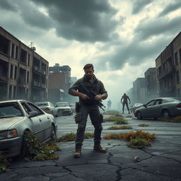 A desolate urban landscape during a zombie apocalypse, featuring abandoned cars overturned on cracked pavement, overgrown vegetation creeping through the city streets, and derelict buildings with shattered windows