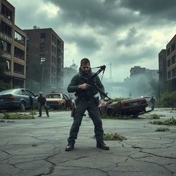 A desolate urban landscape during a zombie apocalypse, featuring abandoned cars overturned on cracked pavement, overgrown vegetation creeping through the city streets, and derelict buildings with shattered windows