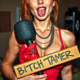 A close-up torso shot of a sexy female redhead wearing a tank top adorned with punk chains, showcasing her large chest and revealing cleavage