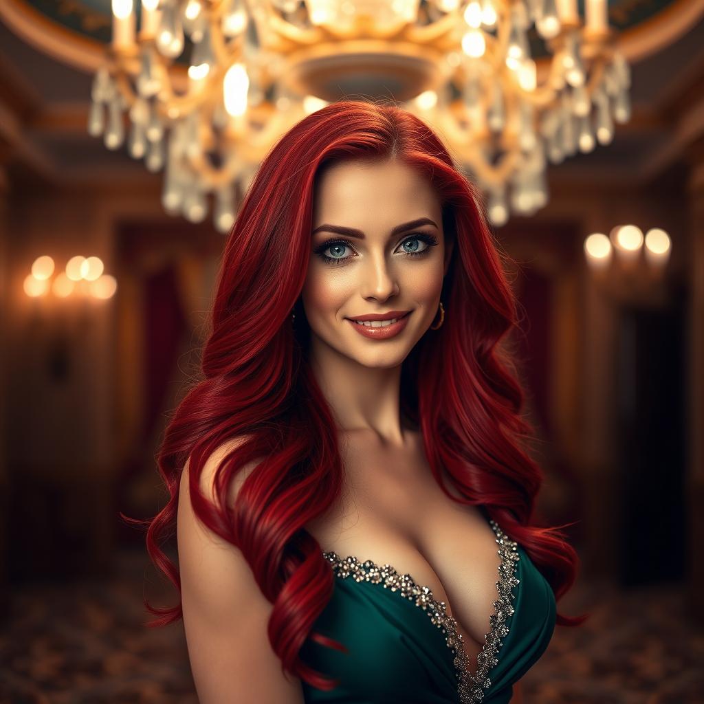 A stunning portrait of a glamorous woman with long, flowing red hair cascading over her shoulders