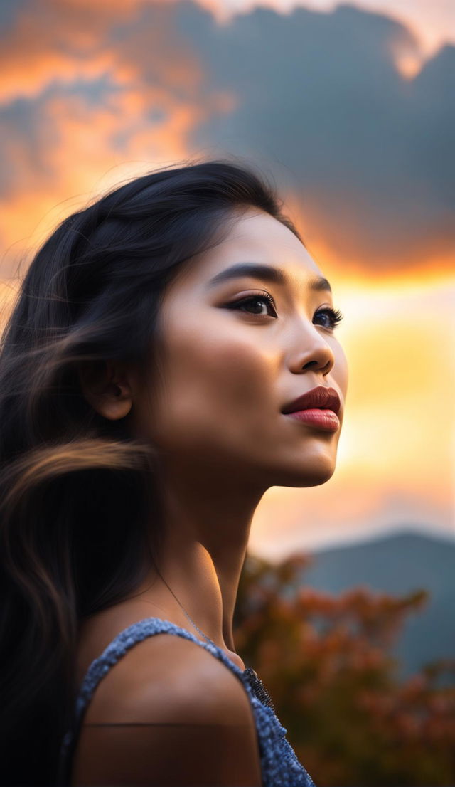 Side profile, beautiful real southeast Asian woman, facial symmetry, full lips, award winning photography style. Ultra hd ultra high resolution ultra detailed photograph, 36k, real, real photo, low light, candid, low angle, landscape, sunset, long natural eyelashes, ultra detailed, unfiltered photograph ,unedited, Upper body,, clouds, unedited human skin,thick detailed hair, raw photo, natural beauty, 