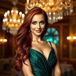 A stunning portrait of a glamorous woman with long, flowing red hair cascading over her shoulders