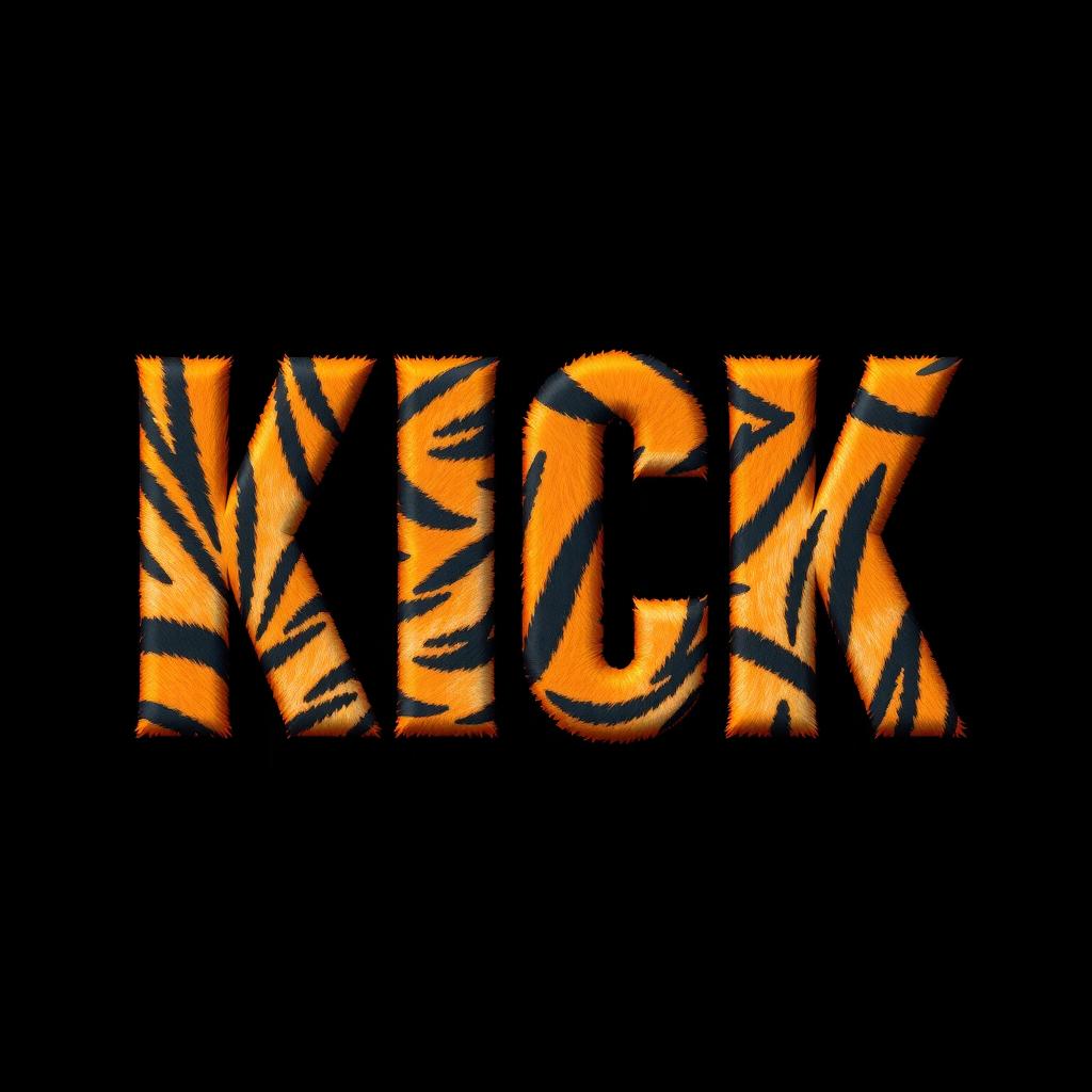 A bold, stylized 2D representation of the word 'KICK' featuring a striking tiger fur texture covering each letter