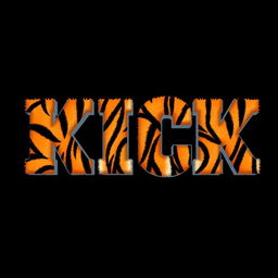 A bold, stylized 2D representation of the word 'KICK' featuring a striking tiger fur texture covering each letter