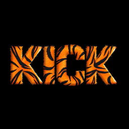 A bold, stylized 2D representation of the word 'KICK' featuring a striking tiger fur texture covering each letter