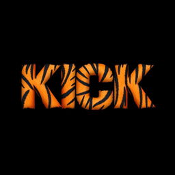 A bold, stylized 2D representation of the word 'KICK' featuring a striking tiger fur texture covering each letter