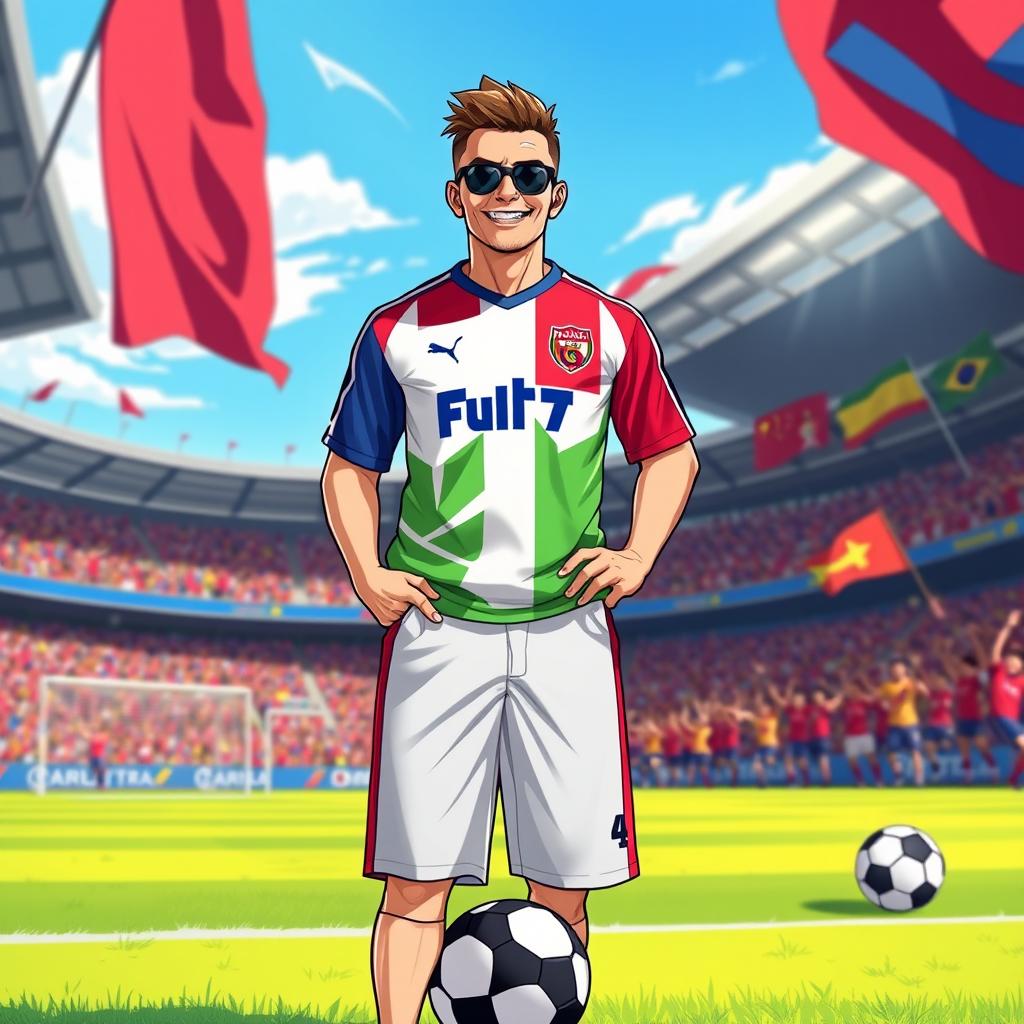 A vibrant and energetic illustration of a fut7 fan wearing a stylish and colorful fut7 supporter jersey