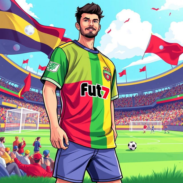 A vibrant and energetic illustration of a fut7 fan wearing a stylish and colorful fut7 supporter jersey