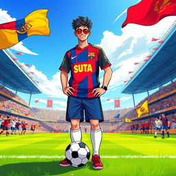 A vibrant and energetic illustration of a fut7 fan wearing a stylish and colorful fut7 supporter jersey