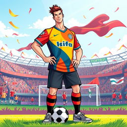 A vibrant and energetic illustration of a fut7 fan wearing a stylish and colorful fut7 supporter jersey