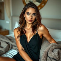 A beautiful 19-year-old woman with a confident expression, wearing a loose-fitting black tank top, reclining on a stylish bed