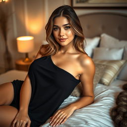 A beautiful 19-year-old woman with a confident expression, wearing a loose-fitting black tank top, reclining on a stylish bed