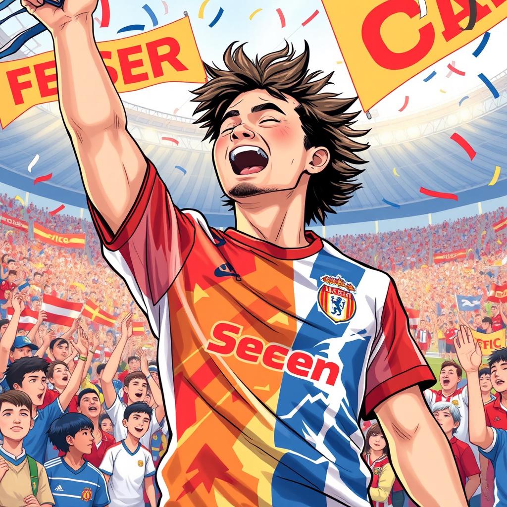 A detailed illustration of a soccer fan wearing a vibrant supporter jersey