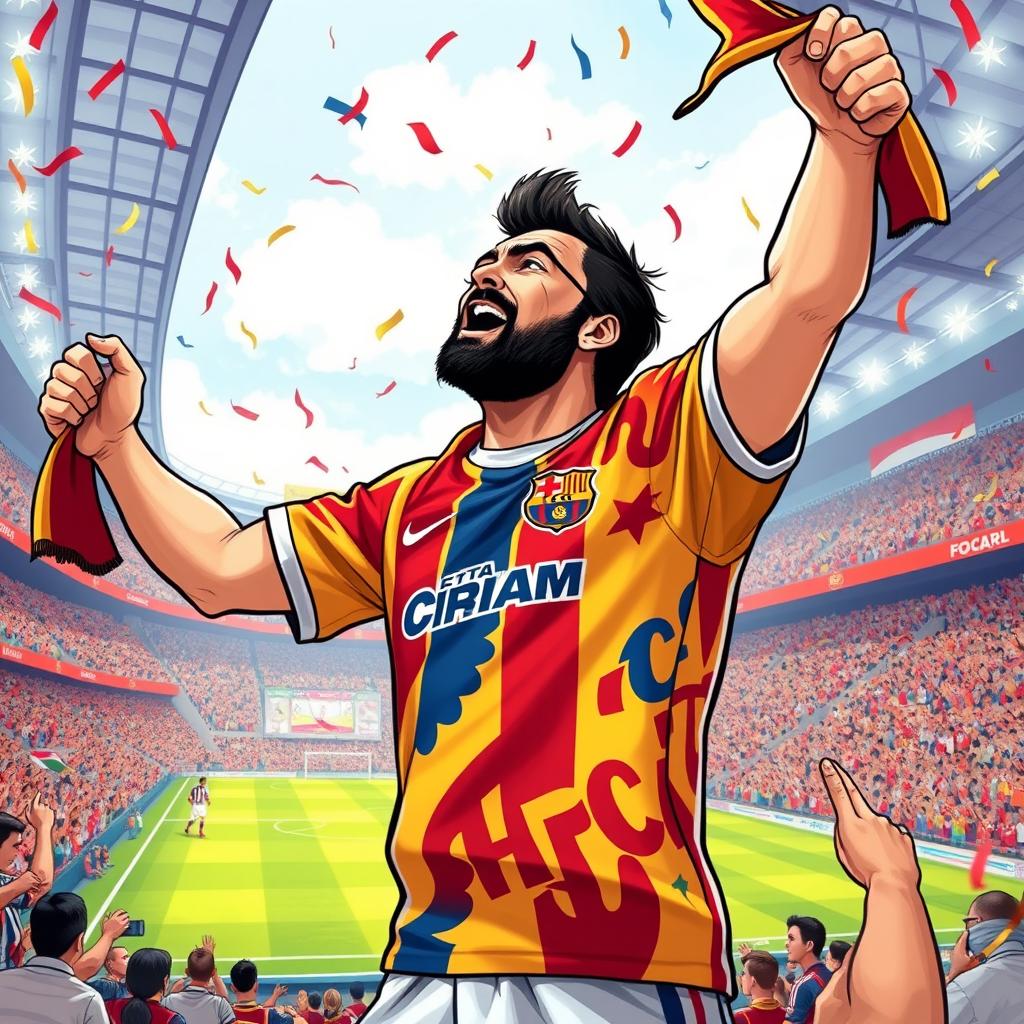 A detailed illustration of a soccer fan wearing a vibrant supporter jersey