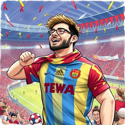 A detailed illustration of a soccer fan wearing a vibrant supporter jersey