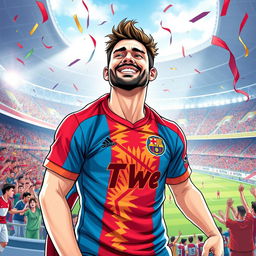 A detailed illustration of a soccer fan wearing a vibrant supporter jersey