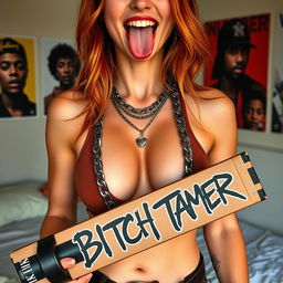 A close-up torso shot of a sexy female redhead with a large chest and visible cleavage, wearing a tank top adorned with punk chains