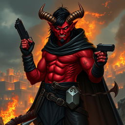 Gumong Steamfire, a 32-year-old young adult tiefling barbarian, depicted in vivid detail