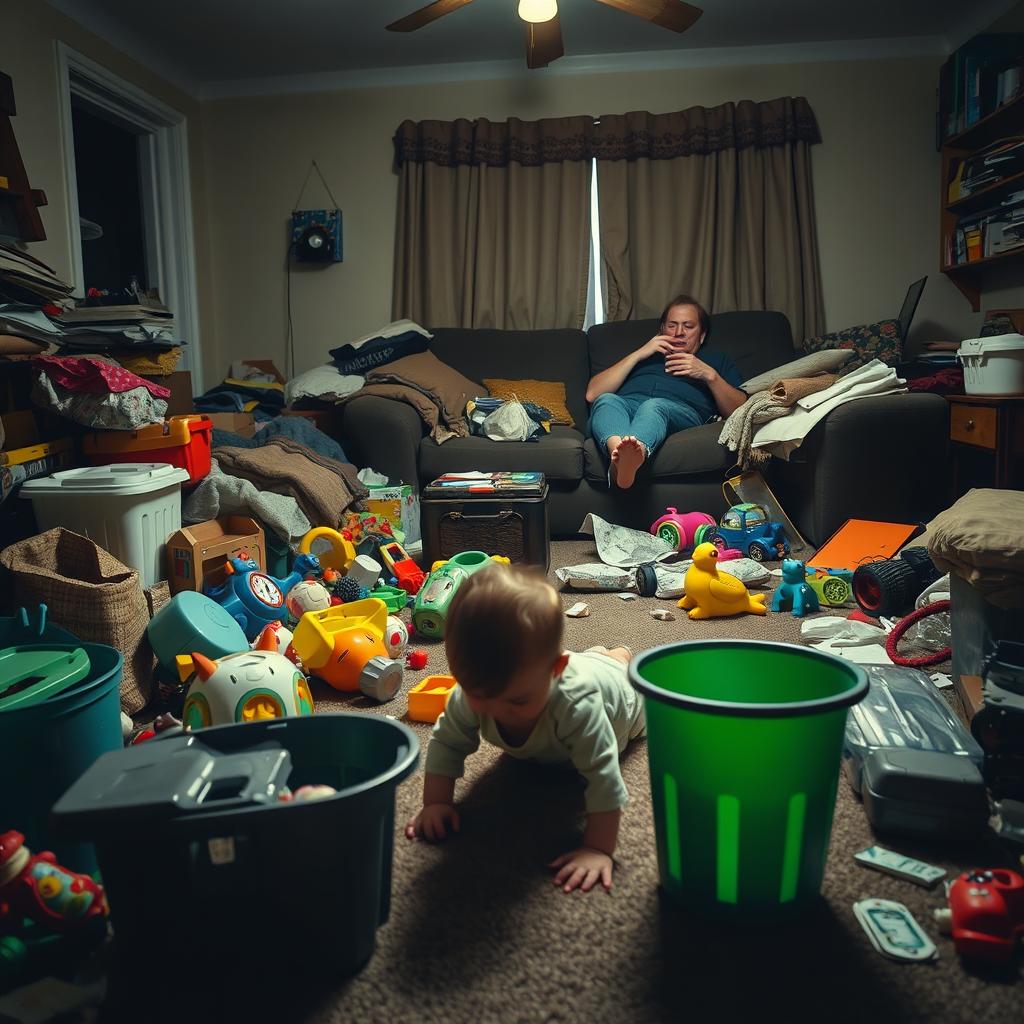 A dramatic scene depicting the theme of irresponsibility in parenting, featuring a chaotic and messy living room strewn with children's toys, overflowing trash bins, and an unattended baby crawling on the floor