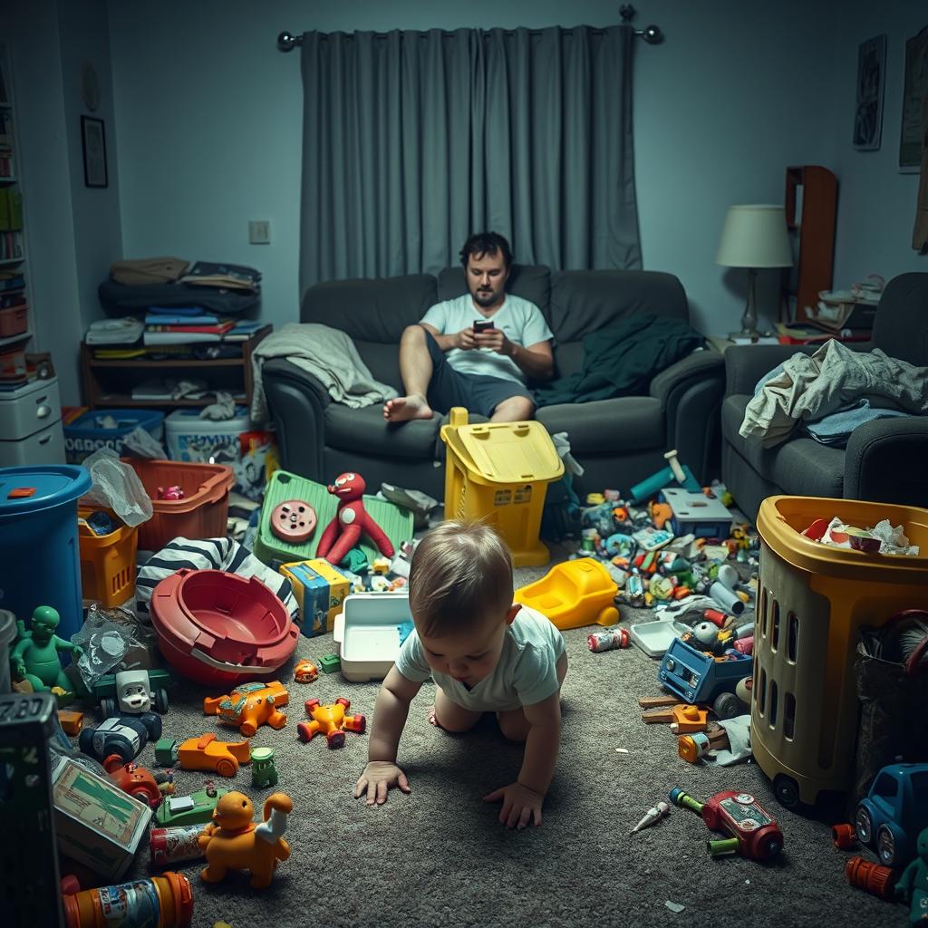 A dramatic scene depicting the theme of irresponsibility in parenting, featuring a chaotic and messy living room strewn with children's toys, overflowing trash bins, and an unattended baby crawling on the floor