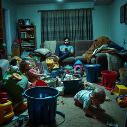 A dramatic scene depicting the theme of irresponsibility in parenting, featuring a chaotic and messy living room strewn with children's toys, overflowing trash bins, and an unattended baby crawling on the floor